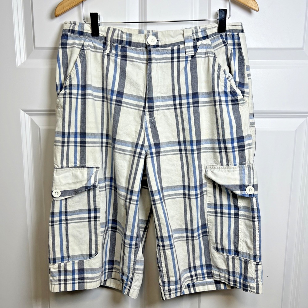 Southpole Cargo Shorts 32 White Blue Plaid Y2K Streetwear Canvas Vintage